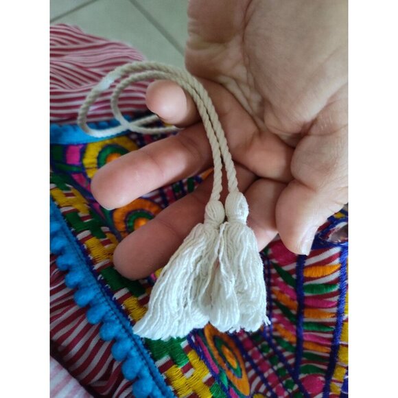 SAHIBA Stripe Flower Pot Patio House Dress TASSELS Red White L/XL - Picture 8 of 16